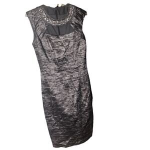 ELIZA J Glamorous Metallic Gray Beaded Neckline Bodice Sheath Dress Size 8 C10